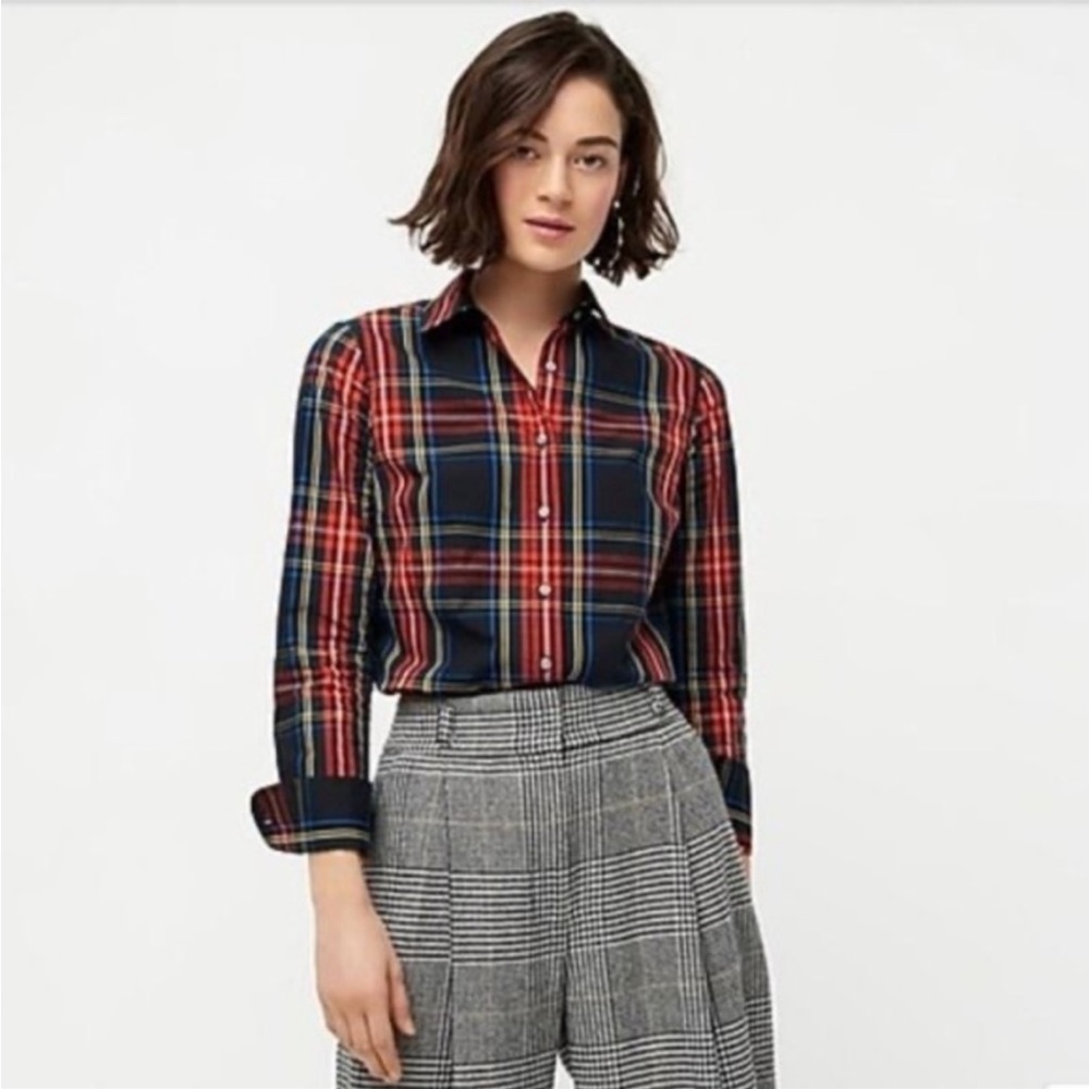 J Crew Black & Red Perfect Tartán Cotton Button Down Shirt Size 8